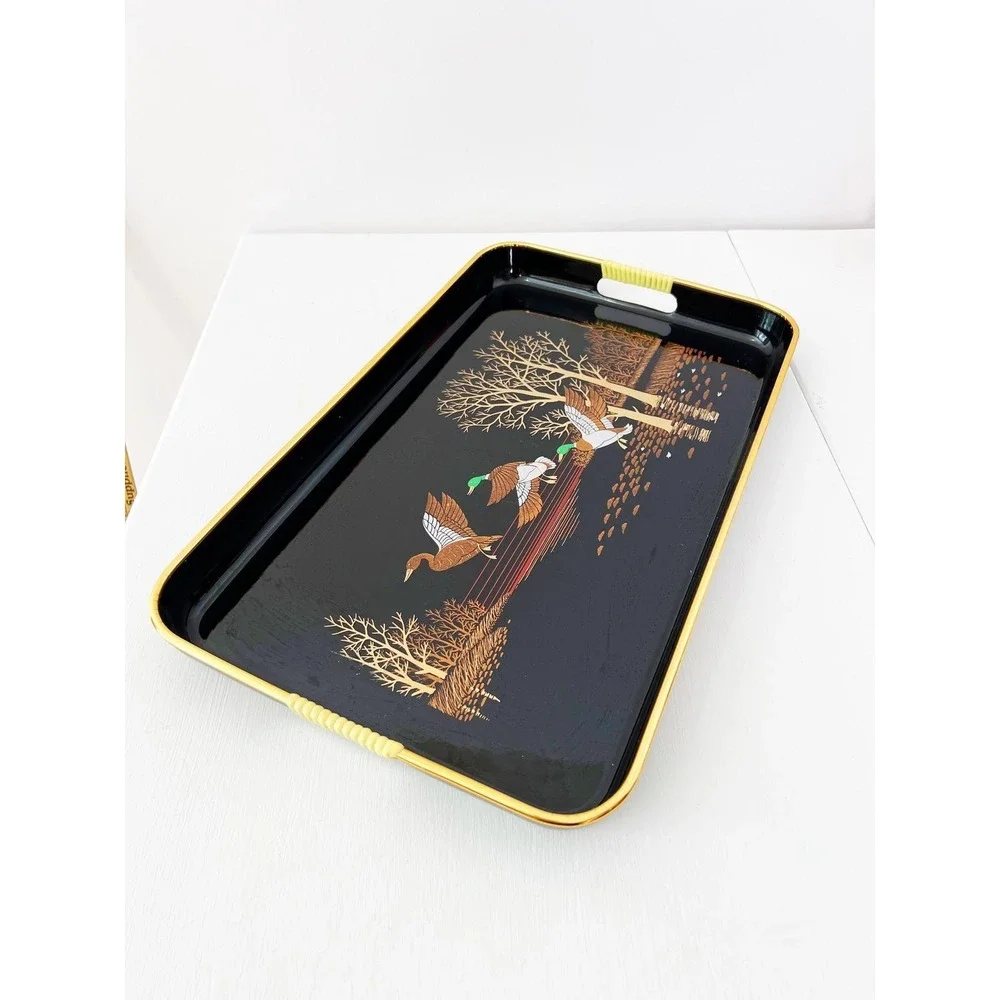 Japan Lacquerware Serving Tray Black Gold Mallard Ducks Nature Scene Shaddy